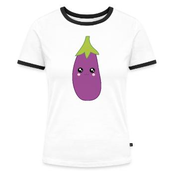 Kawaii Aubergine Süßes Weihnachtsgeschenk - Frauen Kontrast-T-Shirt - Weiß/Schwarz - Vorne - Selfina (174cm)
