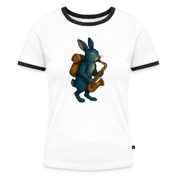 Blaues Kaninchen mit Saxophon - Frauen Kontrast-T-Shirt - Weiß/Schwarz - Vorne - Selfina (174cm)
