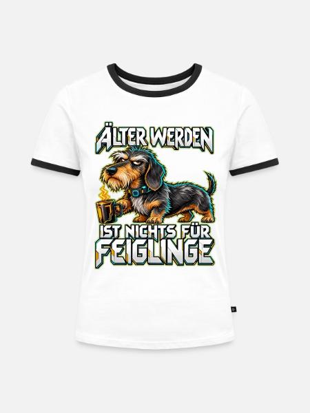 Älter werden: Dackel mit Kaffee - Frauen Kontrast-T-Shirt - Weiß/Schwarz