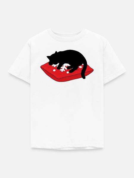 gatto_cucciolo_nero_dorme_su_un_cuscino_inverna - Kinder T-Shirt - Weiß