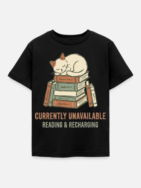 Schlafende Katze auf Bücherturm - Kinder T-Shirt - Schwarz