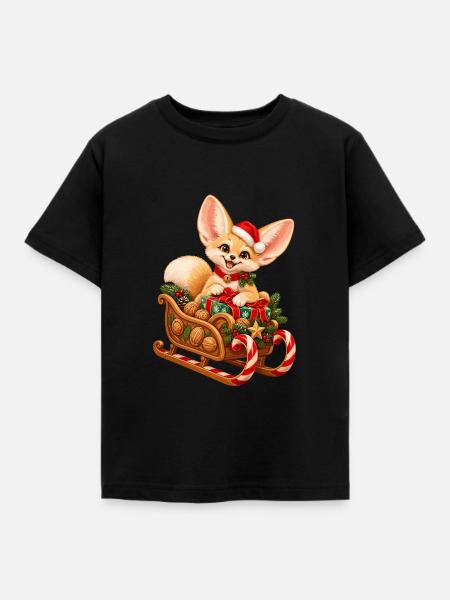 Fennek mit weihnachtlichem Nussschlitten - Kinder T-Shirt - Schwarz