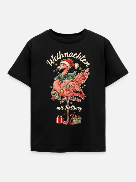 Weihnachtsflamingo mit Nikolausmütze - Kinder T-Shirt - Schwarz