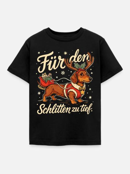 Dackel mit Weihnachtsschlitten und Geschenken - Kinder T-Shirt - Schwarz