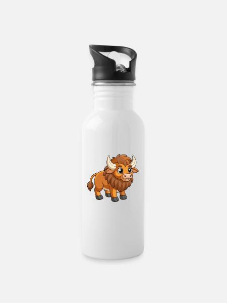 Bison Mignon Mascotte Personnage De Dessin Animé Kawaii - Gourde avec paille intégrée - blanc