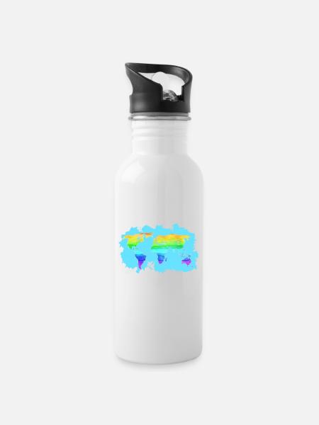 Weltkarte - Trinkflasche mit integriertem Trinkhalm - Weiß