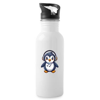 Pinguin Lustige Zeichentrickfigur Kopfhörermusik - Trinkflasche mit integriertem Trinkhalm - Weiß - Rechts