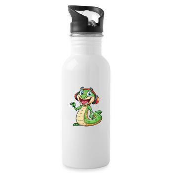 Schlange Lustige Zeichentrickfigur Kopfhörer Musik - Trinkflasche mit integriertem Trinkhalm - Weiß - Rechts