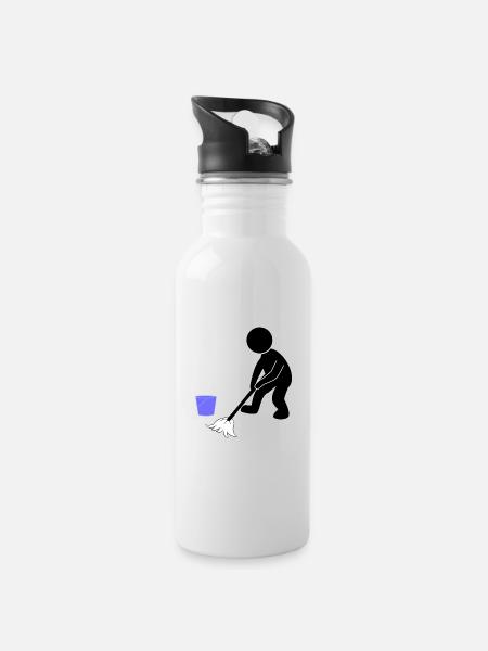 Putzen Putzmann Wischen - Trinkflasche mit integriertem Trinkhalm - Weiß