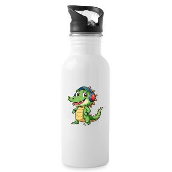 Krokodil Lustige Zeichentrickfigur Kopfhörer Musik - Trinkflasche mit integriertem Trinkhalm - Weiß - Rechts