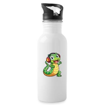 Schlange Lustige Zeichentrickfigur Kopfhörer Musik - Trinkflasche mit integriertem Trinkhalm - Weiß - Rechts