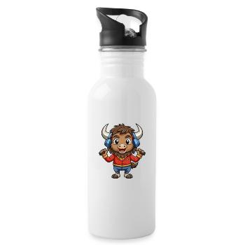 Bison Lustige Zeichentrickfigur Kopfhörer Musik - Trinkflasche mit integriertem Trinkhalm - Weiß - Rechts