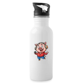 Cochon Drôle Dessin Animé Personnage Casque Musique - Gourde avec paille intégrée - blanc - Droite
