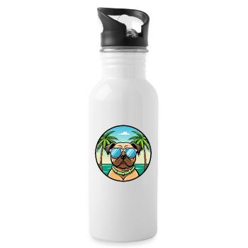 Mops Hund Rasse Cartoon Sonnenbrille Strand - Trinkflasche mit integriertem Trinkhalm - Weiß - Rechts