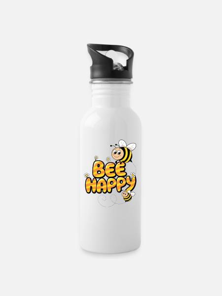 Bee Happy - Water bottle with straw - white