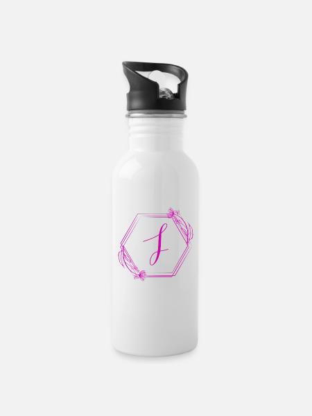 J Monogramm mit Blütenrahmen - Trinkflasche mit integriertem Trinkhalm - Weiß