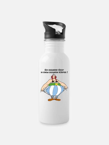 Obelix: Ein gesunder Geist, in einem Gesunden Kör - Trinkflasche mit integriertem Trinkhalm - Weiß