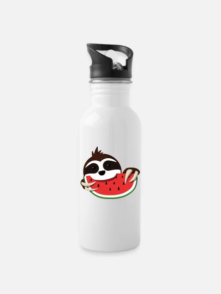 Faultier Melone - Trinkflasche mit integriertem Trinkhalm - Weiß