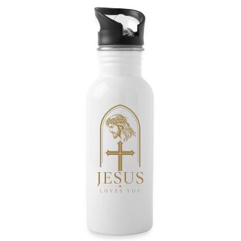 Jesus Loves You – Portrait mit Dornenkrone & Kreuz - Trinkflasche mit integriertem Trinkhalm - Weiß - Rechts