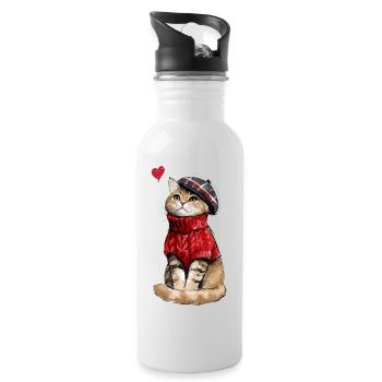 Süße Katze mit Baskenmütze und Strickpullover - Trinkflasche mit integriertem Trinkhalm - Weiß - Rechts