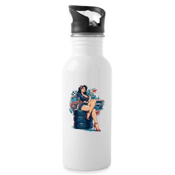 Hot Rod Pin-up Girl auf Reifenstapel - Trinkflasche mit integriertem Trinkhalm - Weiß - Rechts