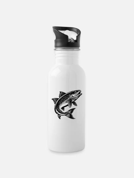 Bachforellen-Springen - Trinkflasche mit integriertem Trinkhalm - Weiß