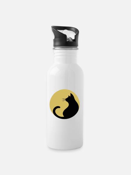 schwarze Katze vor Mond - Trinkflasche mit integriertem Trinkhalm - Weiß