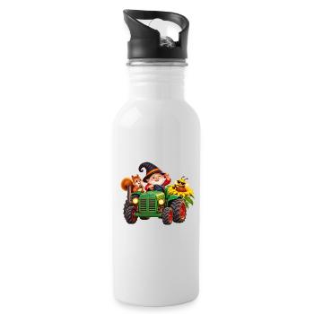 Fröhlicher Wichtel -Traktor im Gartenzauber - Trinkflasche mit integriertem Trinkhalm - Weiß - Rechts