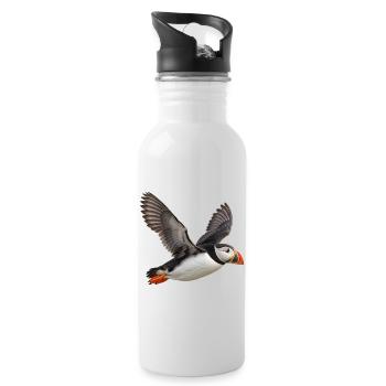 Papageitaucher im Flug – Seevogel mit Farbakzent - Trinkflasche mit integriertem Trinkhalm - Weiß - Rechts