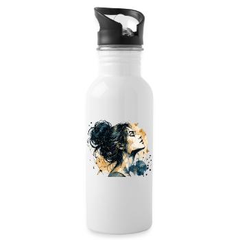 Frauenporträt in Blau und Gold – Aquarell - Trinkflasche mit integriertem Trinkhalm - Weiß - Rechts