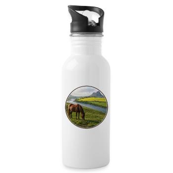 Flusslandschaft mit Pferd auf der Wiese - Trinkflasche mit integriertem Trinkhalm - Weiß - Rechts