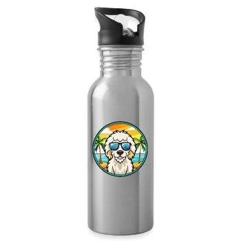 Hungarian Kuvasz Dog Breed Cartoon Sunglass Beach - Water bottle with straw - silver - Right