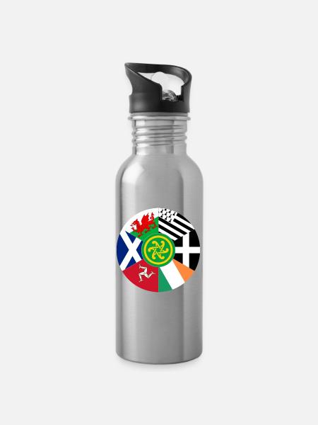 Celtic Nations Flags, Pan Celtic, Wales, Scotland - Water bottle with straw - silver