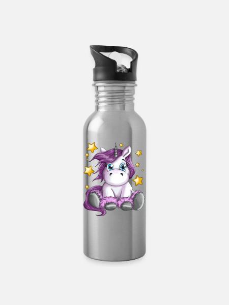 Flauschiges Einhorn mit Sterne Illustration Motiv - Trinkflasche mit integriertem Trinkhalm - Lightsilver