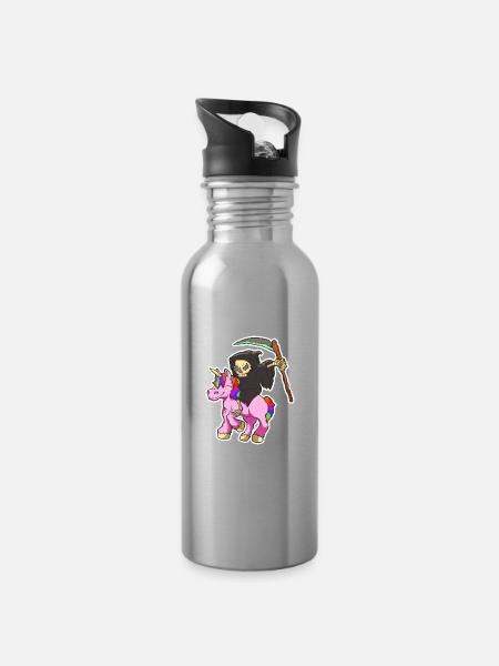 Einhorn und Sensenmann Geschenk - Trinkflasche mit integriertem Trinkhalm - Lightsilver