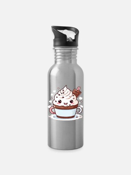 Charmanter Kakao-Begleiter - Trinkflasche mit integriertem Trinkhalm - Lightsilver
