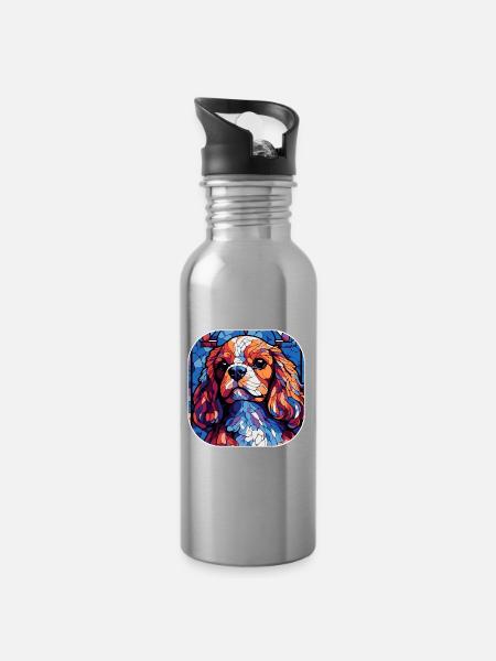 Buntes King Charles Cavalier Hundeaquarell - Trinkflasche mit integriertem Trinkhalm - Lightsilver