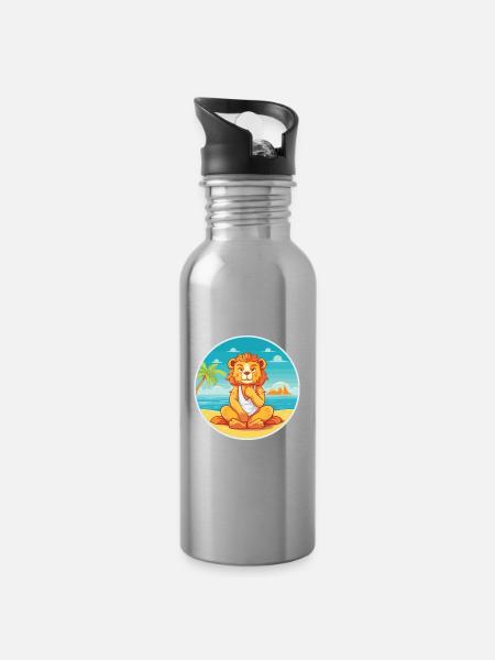 Löwe-Karikatur-Yoga-Strand-Sommer-Illustration - Trinkflasche mit integriertem Trinkhalm - Lightsilver