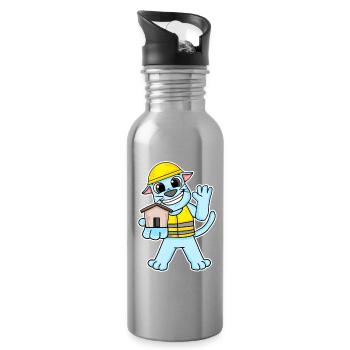 Builder cat topping house building gift - Water bottle with straw - silver - Right