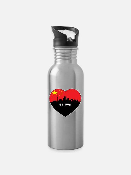 Peking-China-Flaggen-Skyline-Reise-Souvenir - Trinkflasche mit integriertem Trinkhalm - Lightsilver