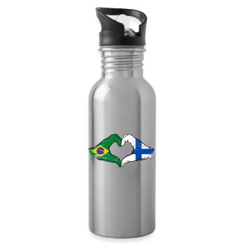 Brazil Finland Flag Hands Heart Shape Used - Water bottle with straw - silver - Right
