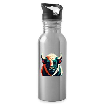 Buffalo Cartoon Character Colorful Pet Animal - Water bottle with straw - silver - Right