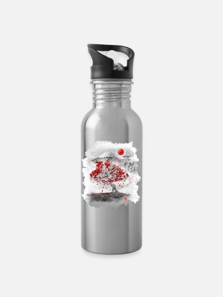 Mount Fuji hinter einem Kirschbaum - Trinkflasche mit integriertem Trinkhalm - Lightsilver