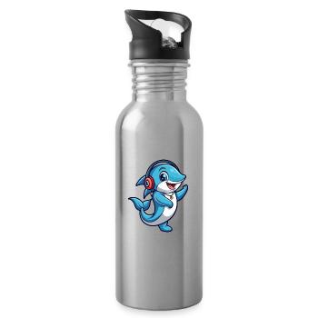 Delfin Lustige Zeichentrickfigur Kopfhörer Musik - Trinkflasche mit integriertem Trinkhalm - Lightsilver - Rechts