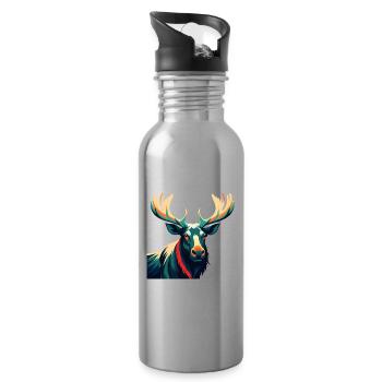 Moose Cartoon Character Colorful Pet Animal - Water bottle with straw - silver - Right