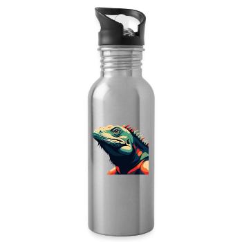 Iguana Cartoon Character Colorful Pet Animal - Water bottle with straw - silver - Right