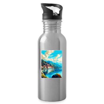Lugano Schweiz Vintage Reiseplakat Souvenir - Trinkflasche mit integriertem Trinkhalm - Lightsilver - Rechts