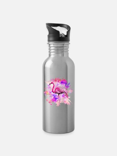 Flamingo - Trinkflasche mit integriertem Trinkhalm - Lightsilver