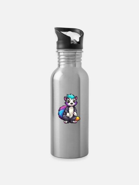 Stinktier buntes Aquarell Cartoon Kawaii Tier - Trinkflasche mit integriertem Trinkhalm - Lightsilver