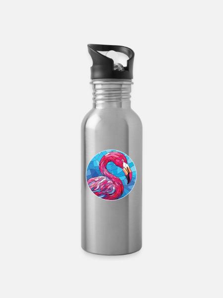Flamingo bunte Aquarell-Tierillustration - Trinkflasche mit integriertem Trinkhalm - Lightsilver